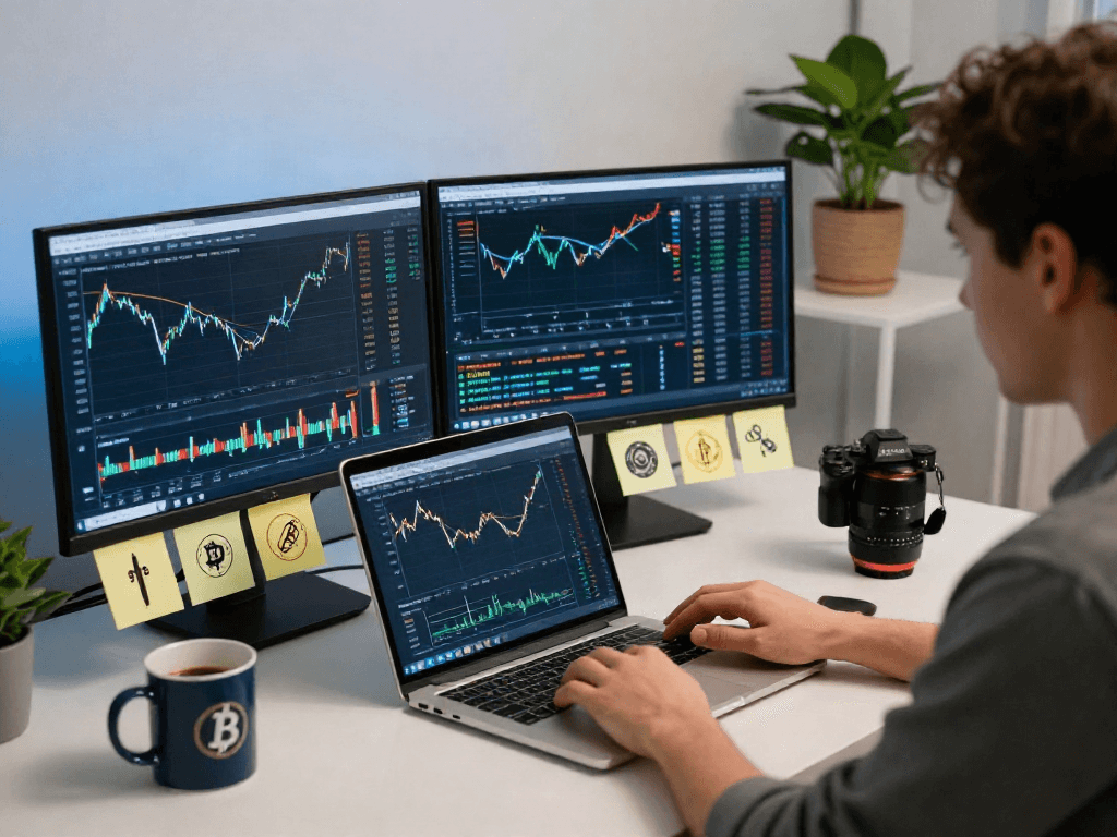 Un usuario en un intercambio cripto analizando tendencias de mercado desde una elegante oficina en casa.