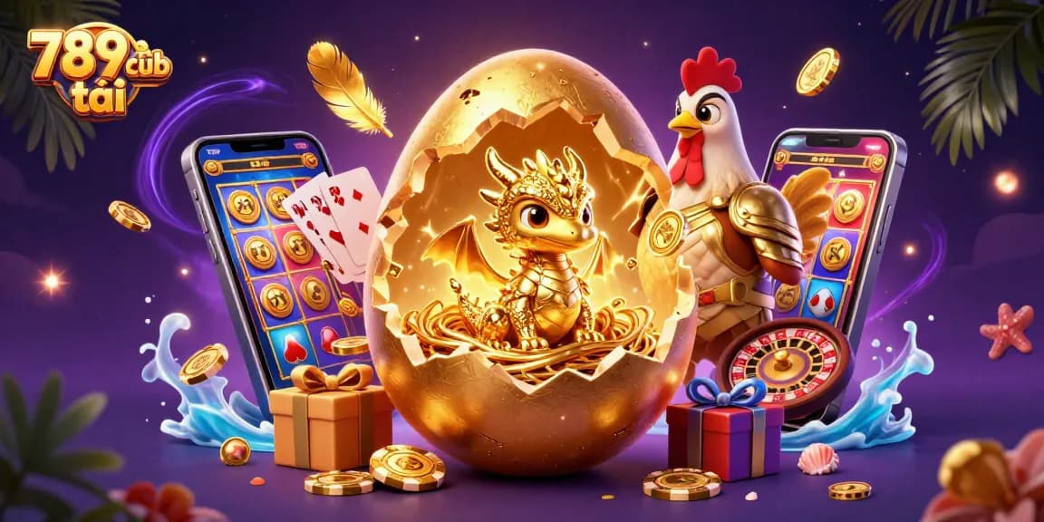 Engage with 789club tải as a baby dragon emerges from a golden egg in a casino-themed scene.