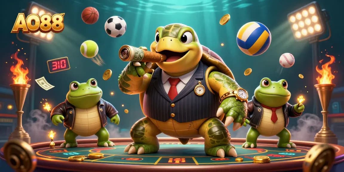 Engage with AO88 in a vibrant casino scene featuring dynamic sports elements and vivid characters.