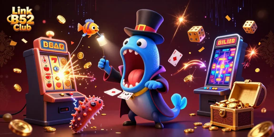 Experience thrilling gaming at Link B52 Club, featuring vibrant characters in a dynamic casino scene.