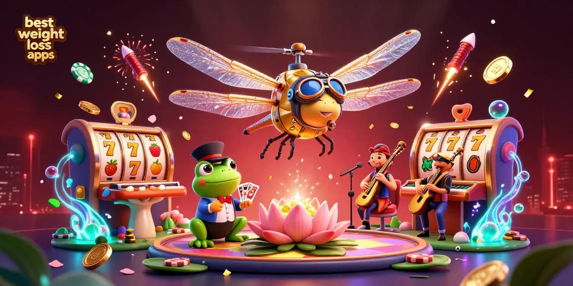 Experience the best weight loss apps with vibrant casino elements and a lively dragonfly pilot scene.