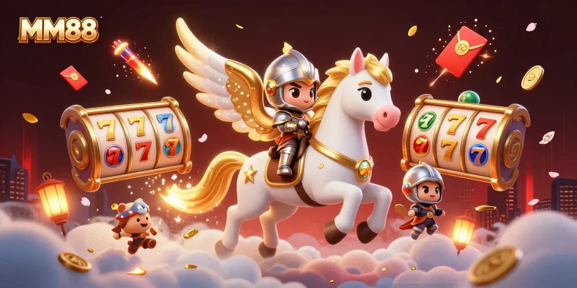 Experience thrilling gaming with MM88, featuring a whimsical knight on a celestial horse among floating slot symbols.