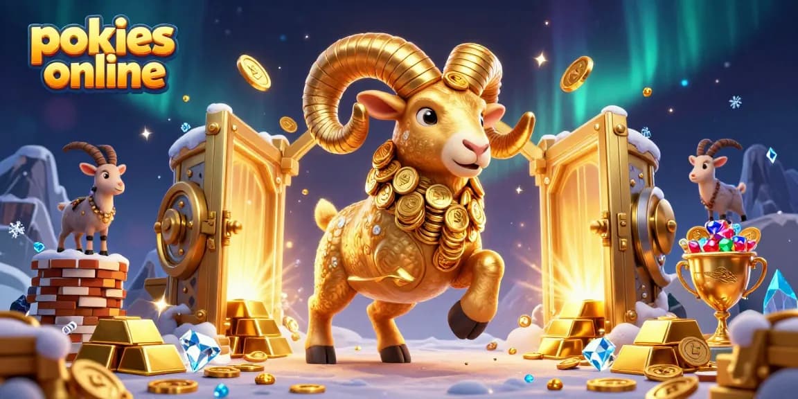 Experience thrilling pokies online with a dynamic scene featuring golden treasures and a charging ram.