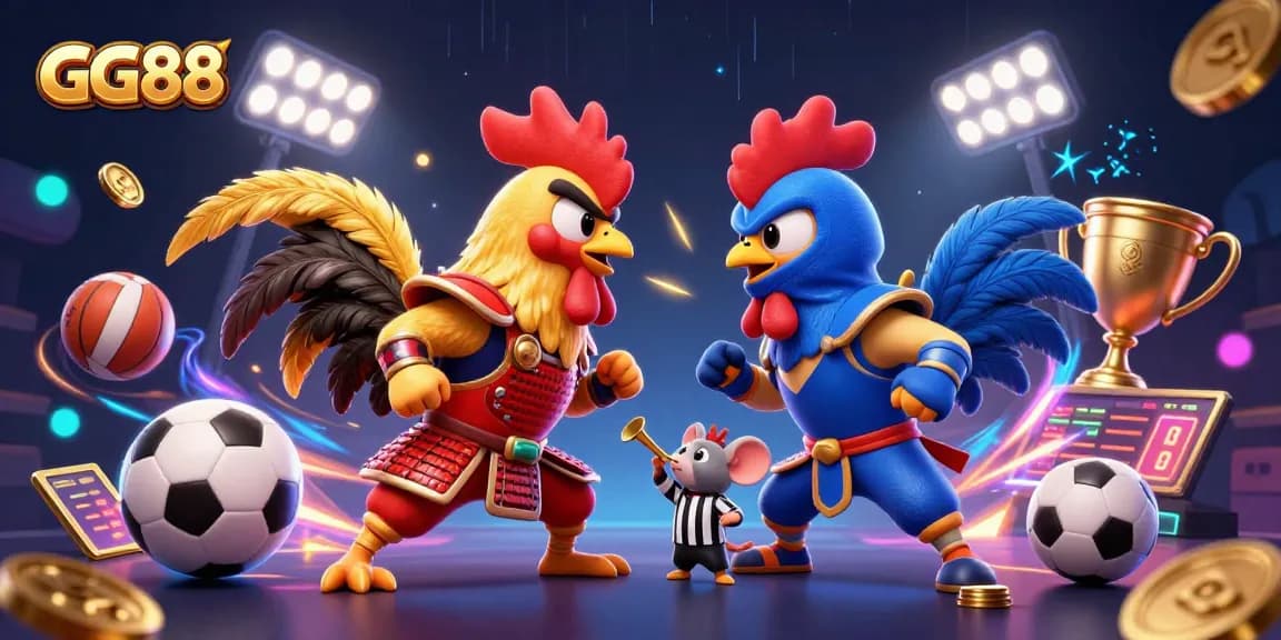 Engage in action-packed gameplay with GG88 featuring fighting roosters in a dynamic casino duel.