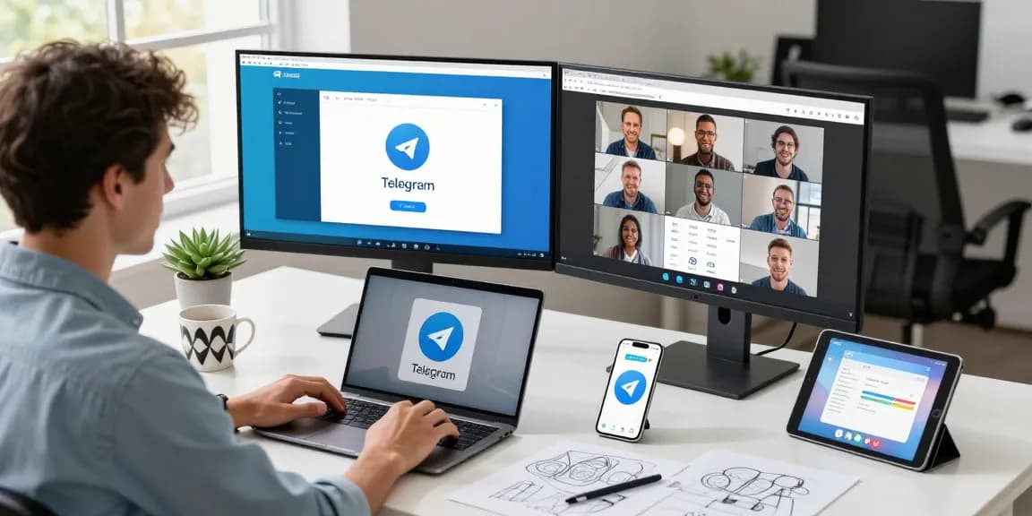 Using Telegram网页版 on dual monitors in a modern office setting, showcasing productivity.