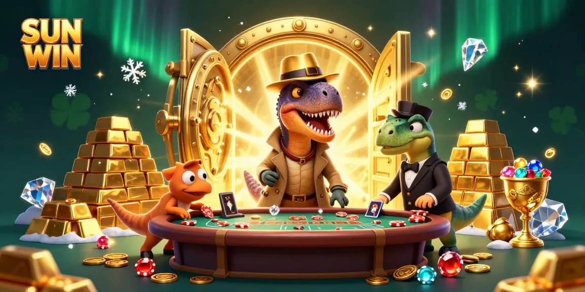 SUN WIN velociraptor card counter at a blackjack table surrounded by shining treasures and playful details.