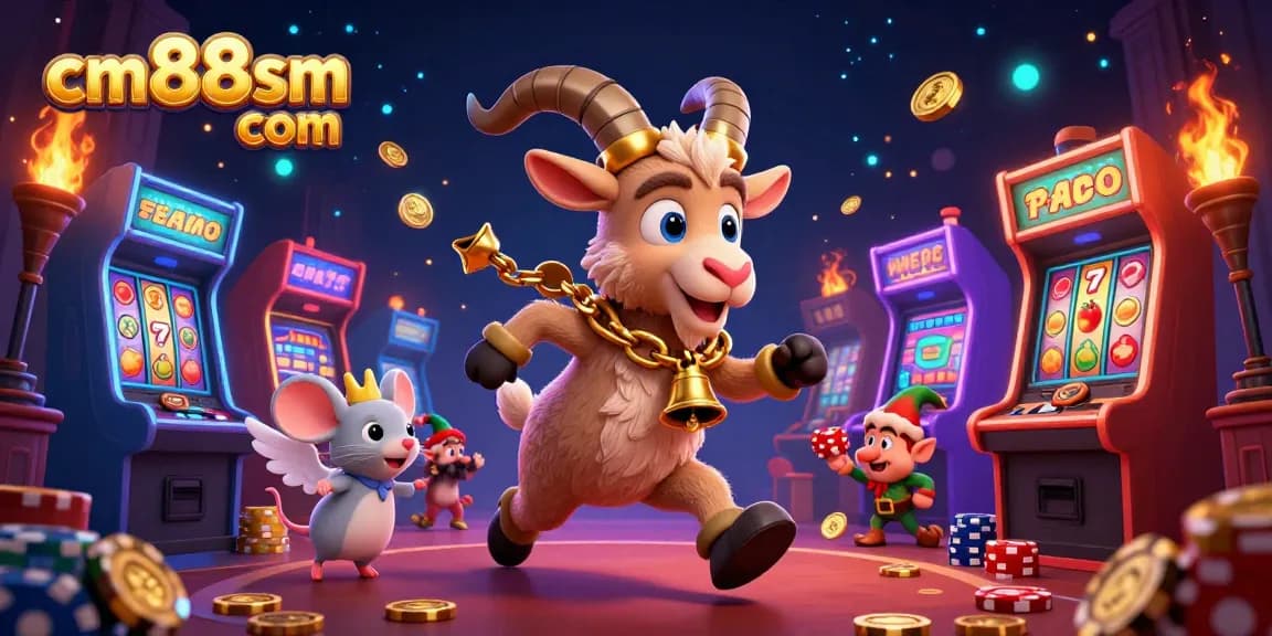 Engage in thrilling gameplay with cm88sm com, where a Krampus goat oversees a vibrant slot machine scene.