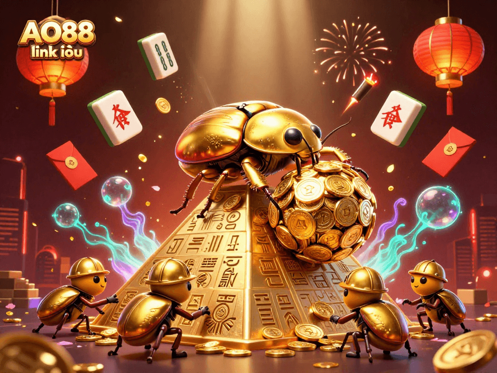 Experience the excitement of AO88 link vào with a golden beetle team rolling coins in a vibrant casino scene.
