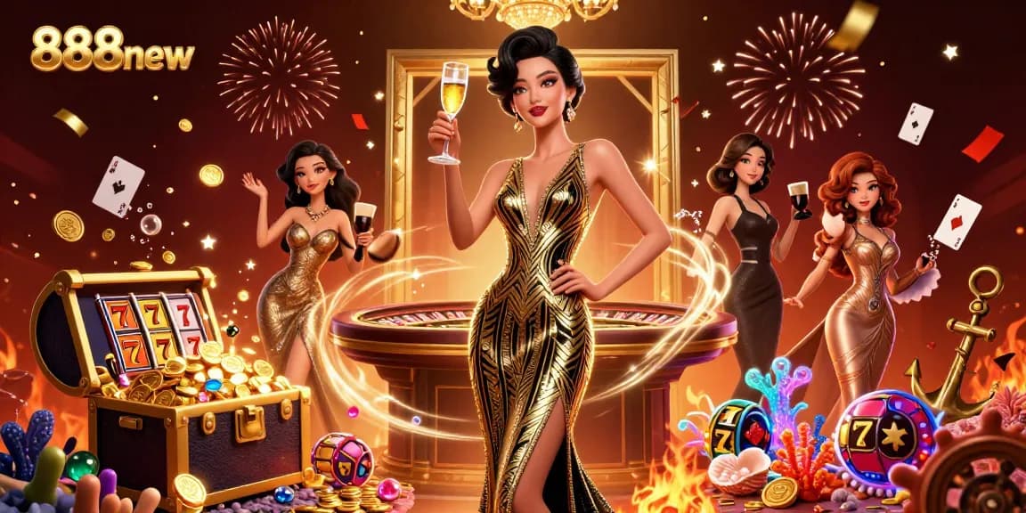 Experience the excitement of gambling with 888new's lavish casino-themed illustration featuring slot reels and golden treasures.