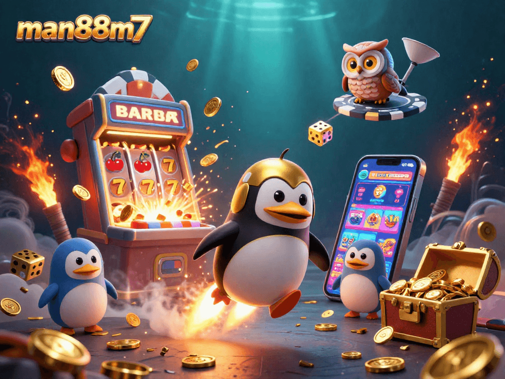 Experience the excitement of man88m7 with a 3D illustration of a penguin blasting to a casino in space.