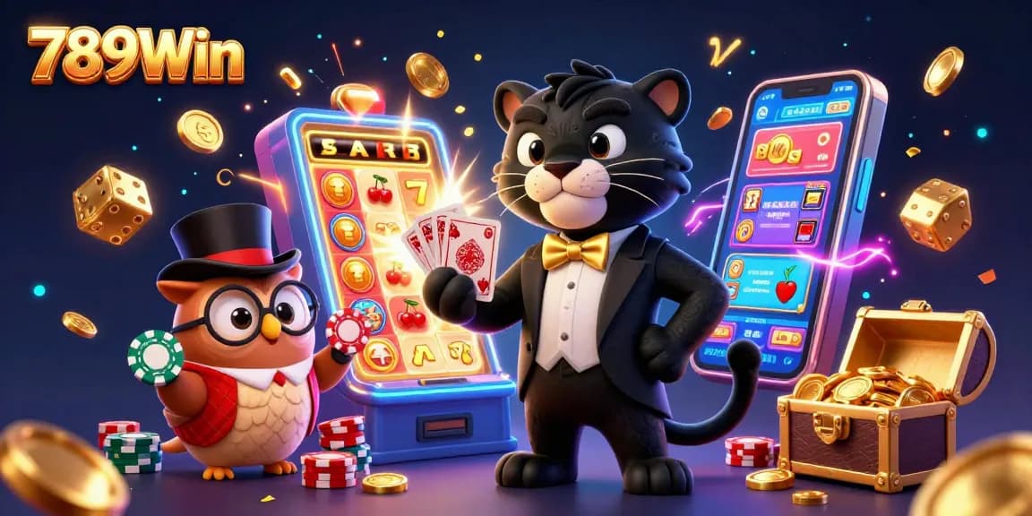 Engaging 789Win casino illustration featuring a stylish panther, an owl, and a mouse amidst vibrant gaming elements.