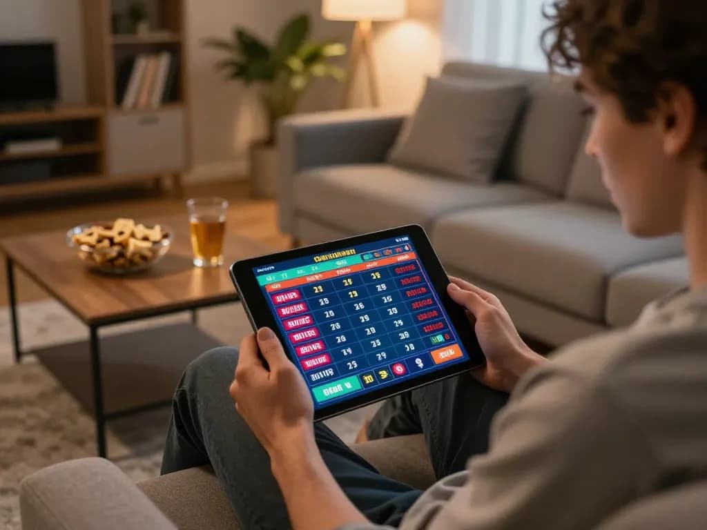 Engaging in đánh đề online using tablet, showcasing dynamic betting interface and relaxing home atmosphere.