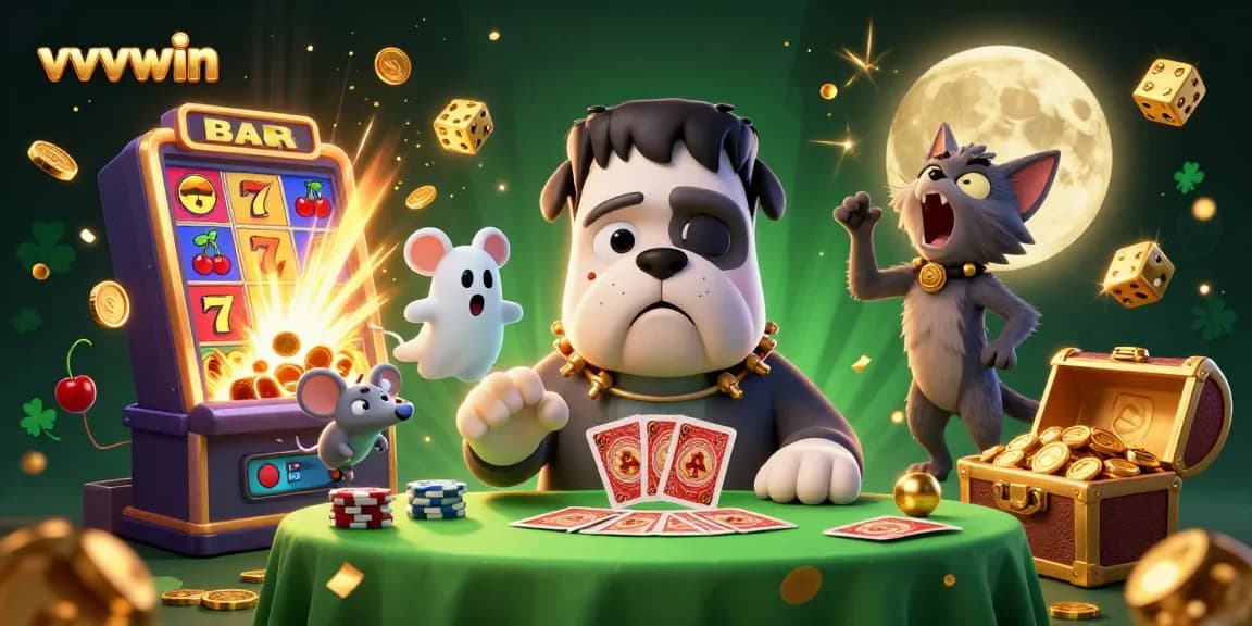 Experience thrilling gameplay with vvvwin as a bulldog monster deals cards at a spooky casino.