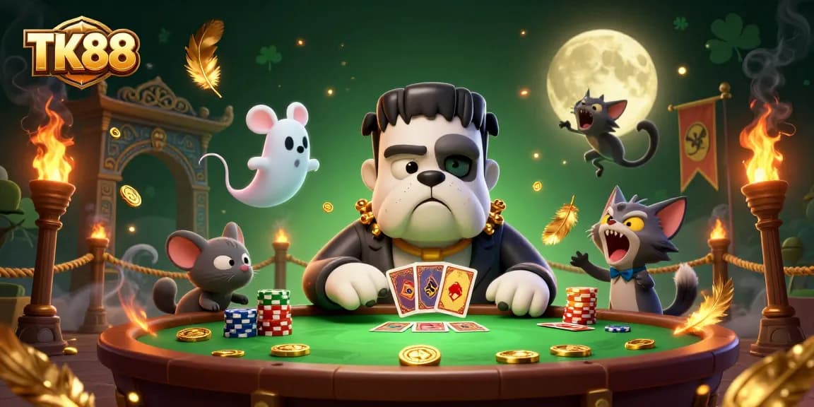 TK88 showcases an exciting scene with a Frankenstein bulldog dealer, ghost mouse, and werewolf kitten in a lively casino setting.