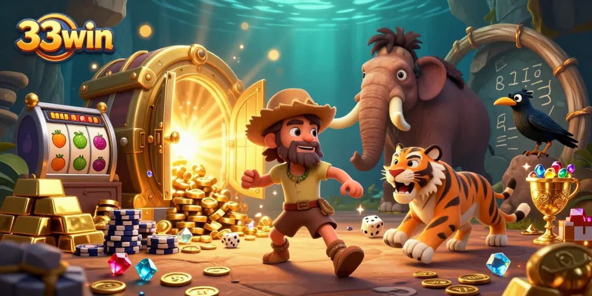 33win brings a vibrant prehistoric casino scene alive with slot machines and treasure elements.