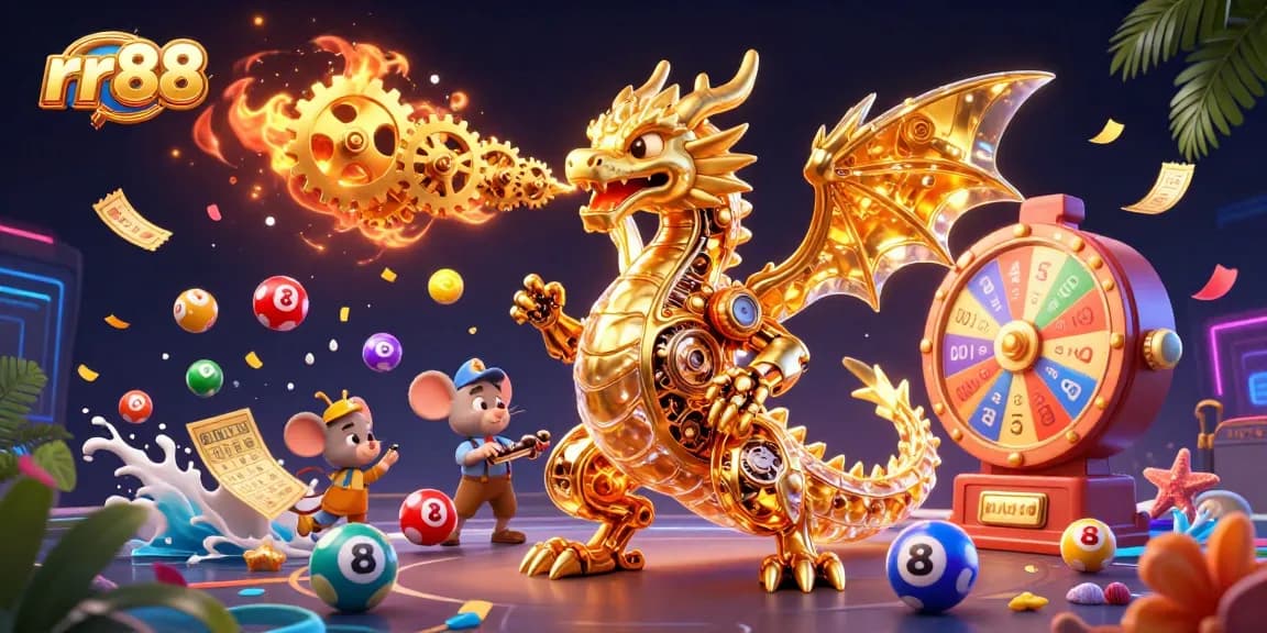 Experience thrilling moments at rr88 with an ultra-detailed 3D rendering of a dragon, game elements, and vibrant casino themes.