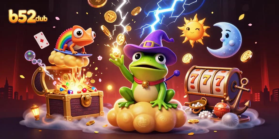 Win big with b52club as the wizard frog conjures golden coins and exciting slots!