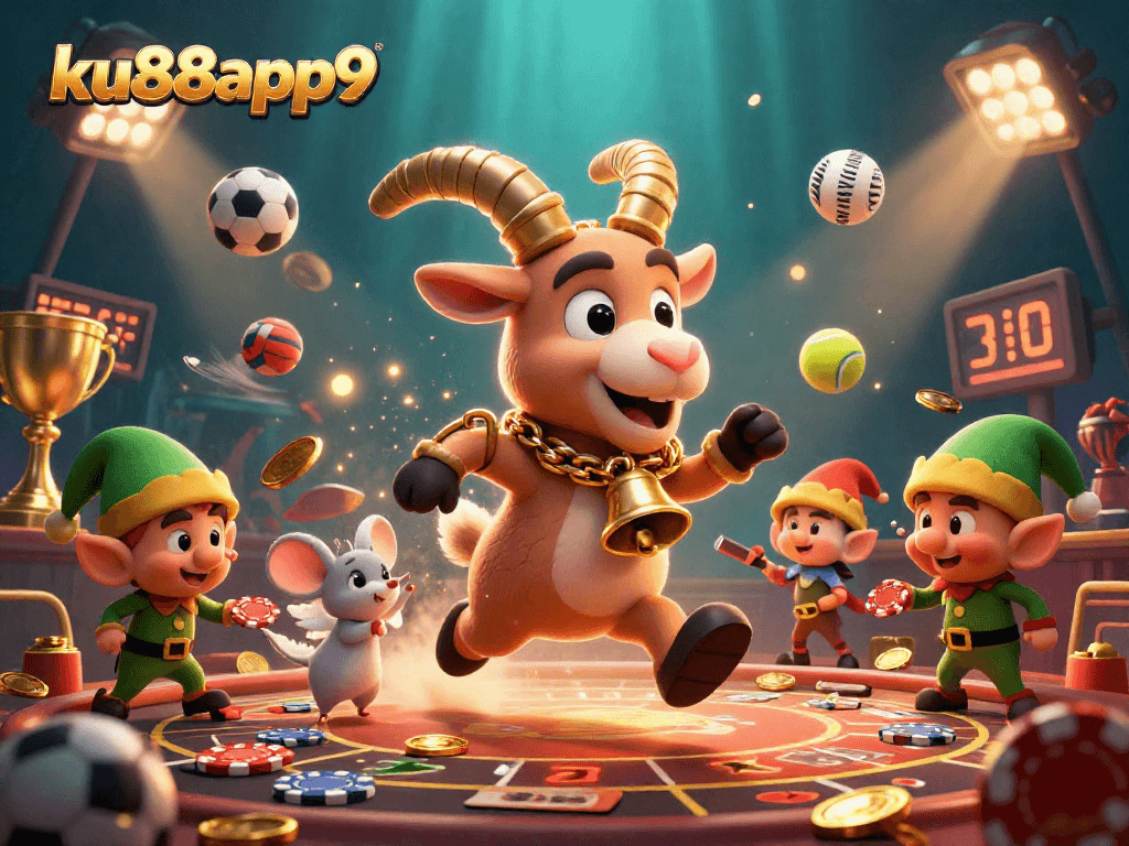Players enjoy thrilling chances at ku88app9 with engaging characters in a vibrant, festive casino scene.