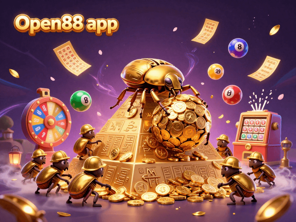 Spin with excitement using the Open88 app, where golden beetles roll coins in a vibrant casino world.