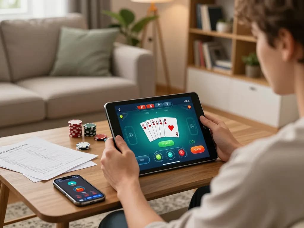 Engaging in online poker at home on a tablet, xx88 gaming experience.