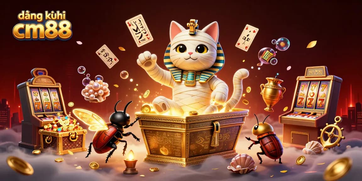Experience the excitement of đăng ký cm88 with a playful Egyptian mummy cat in a vibrant casino scene.