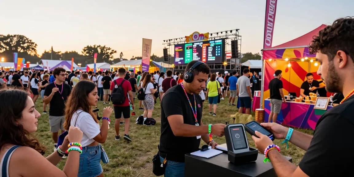 Vibrant festival scene with pulseras NFC para eventos enhancing access control and guest experience, lively atmosphere.