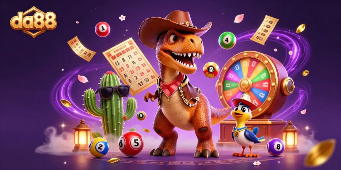 Win big with da88 in this vibrant 3D casino scene featuring colorful lottery elements and dynamic characters.
