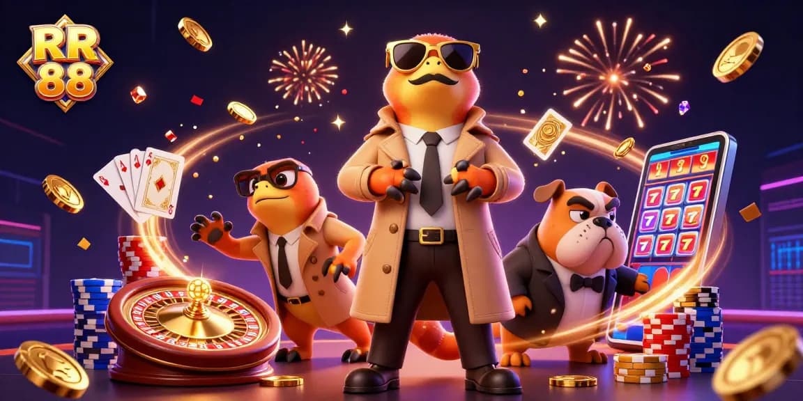 Experience the excitement of RR 88 casino with cartoon raptors entering a VIP lounge, stacked poker chips, and a spinning roulette wheel.