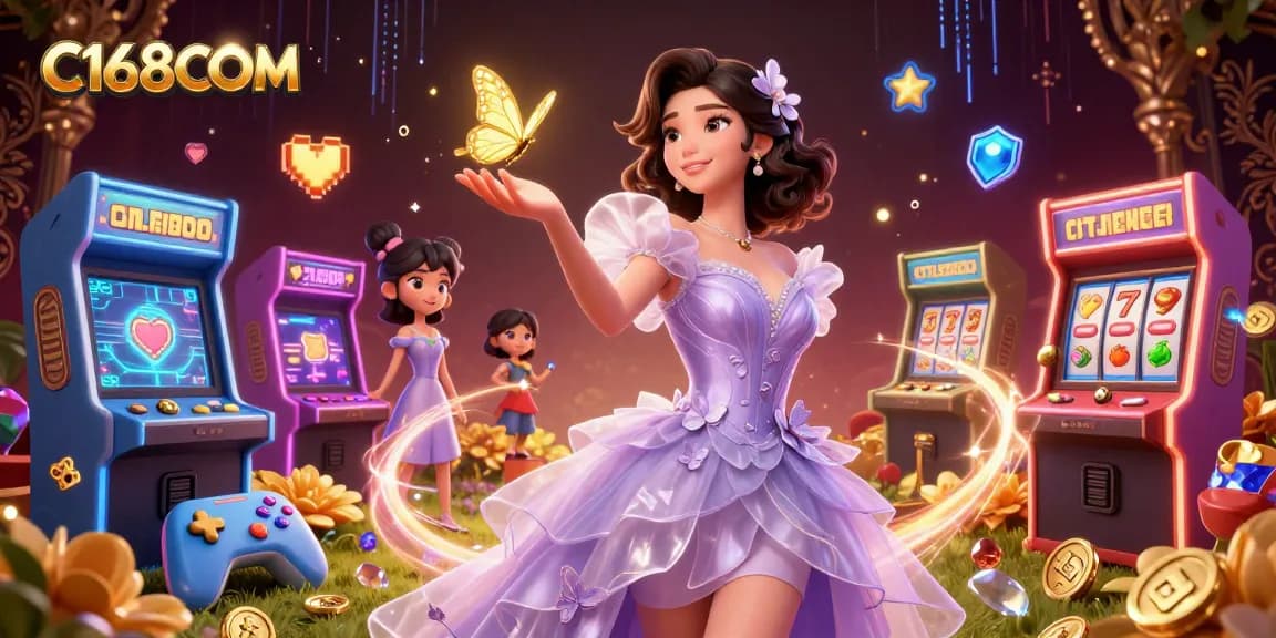 Play at C168COM for exciting slots and dynamic casino games in a vibrant illustration.