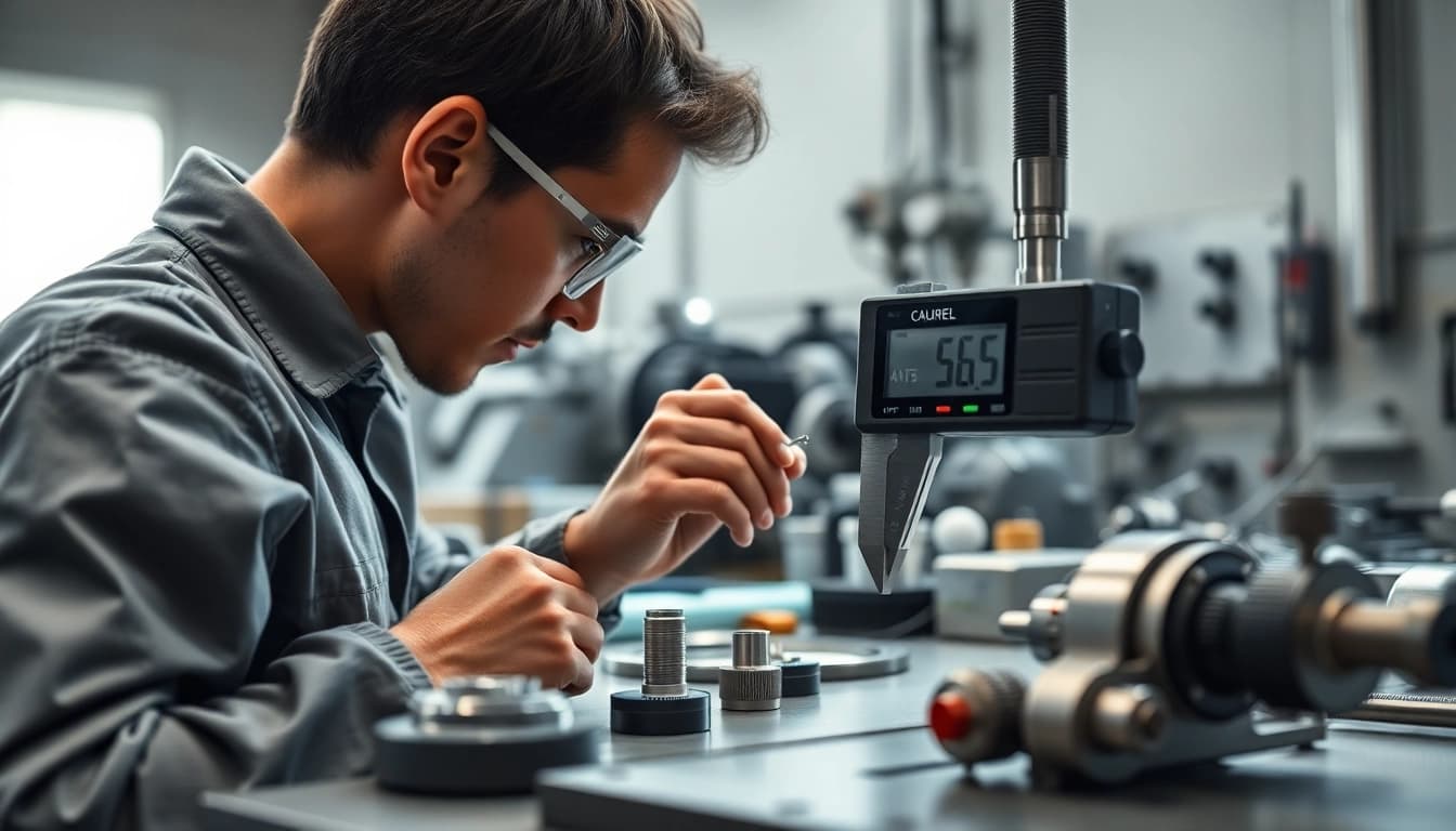 El calibrador digital mide con precisión una pieza en un taller, destacando su relevancia en ingeniería.