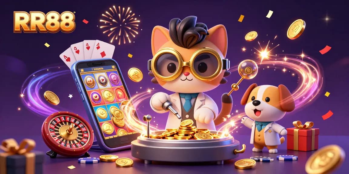 Experience RR88's vibrant scene with a mad scientist cat and dog amidst a casino-themed celebration.