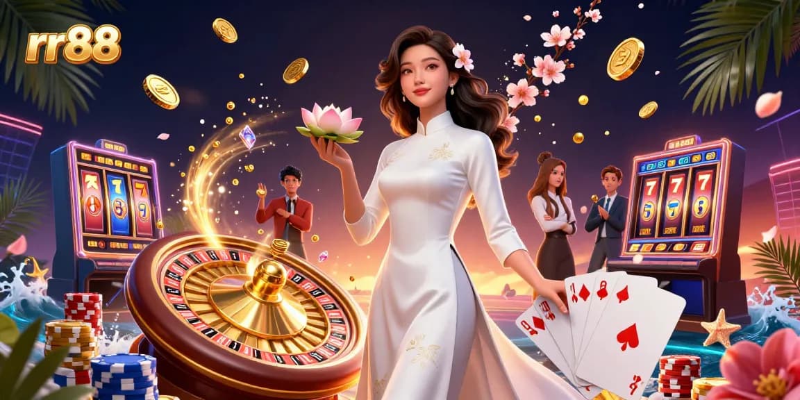Experience the excitement of rr88 with a stunning scene of casino games, golden coins, and vibrant characters.