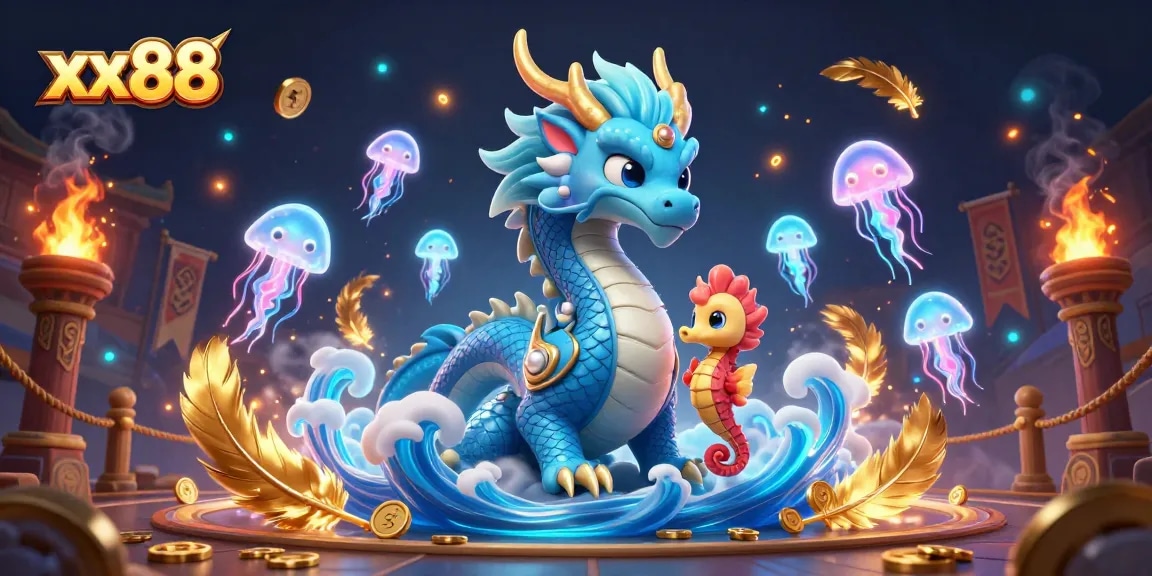 Experience thrilling adventures at xx88 with a vibrant casino illustration featuring a dragon and seahorse knight.