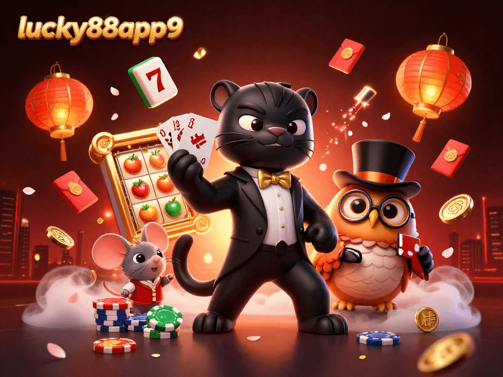 Engage with lucky88app9 featuring a tuxedo panther dealing cards amidst vibrant slot symbols and festive decorations.
