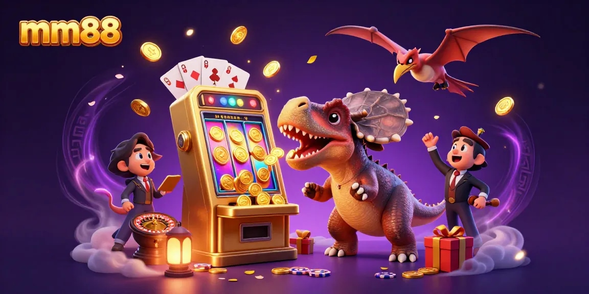mm88 captures excitement as a panda dinosaur activates a golden slot machine jackpot in a dynamic casino scene.