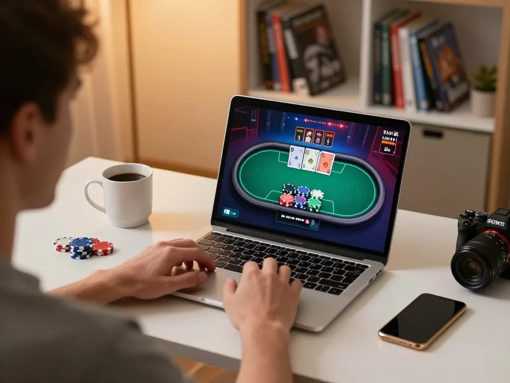 Engaged player using fly88 online poker interface on laptop in a cozy home setting