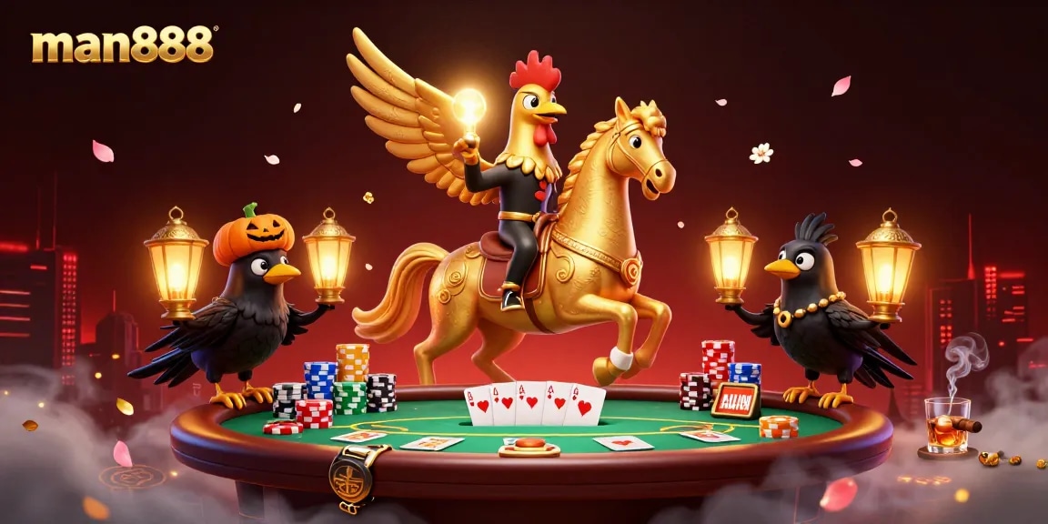 Experience man888 at a thrilling midnight casino with vibrant poker elements and magical characters for immersive gaming.