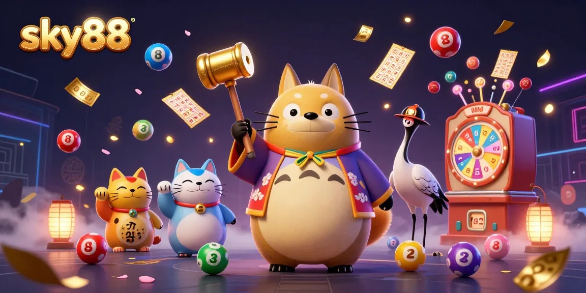 Engage with thrilling sky88 lottery vibes featuring cheerful tanuki and prize elements.