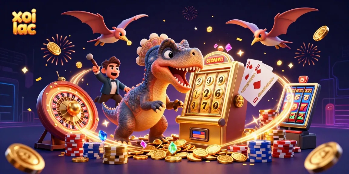 xoi lac features a pachycephalosaurus hitting a slot machine with jackpot coins flying around