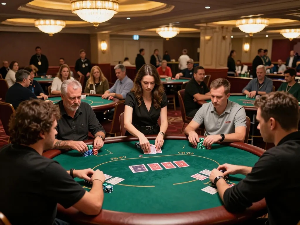 Players strategizing at xx88 poker table in an upscale casino setting.