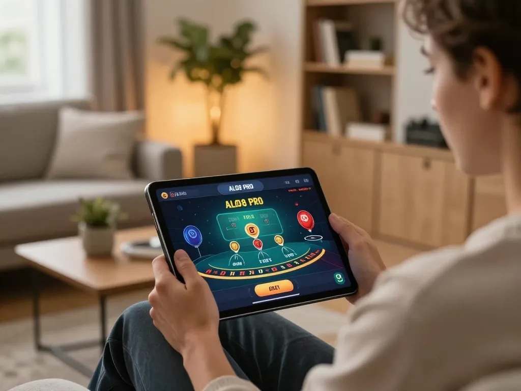 Engaging with ALO8 PRO in stylish home setting, playing online blackjack on tablet