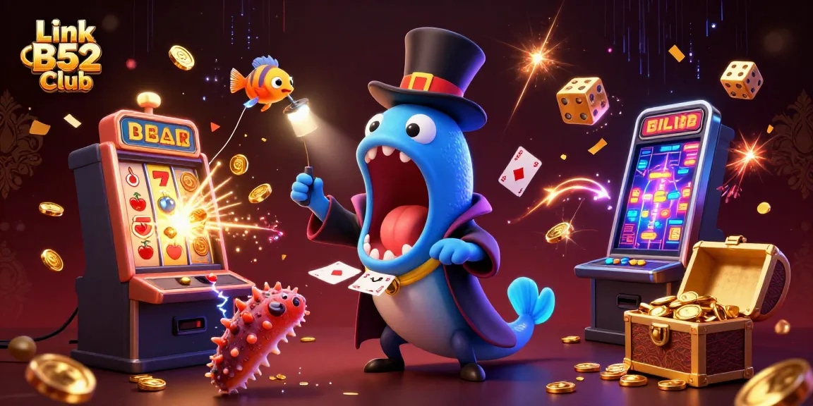 Experience thrilling gaming at Link B52 Club, featuring vibrant characters in a dynamic casino scene.