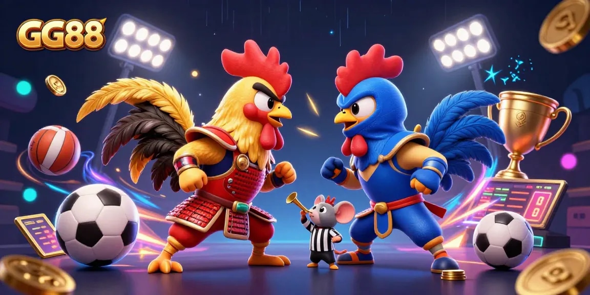 Engage in action-packed gameplay with GG88 featuring fighting roosters in a dynamic casino duel.