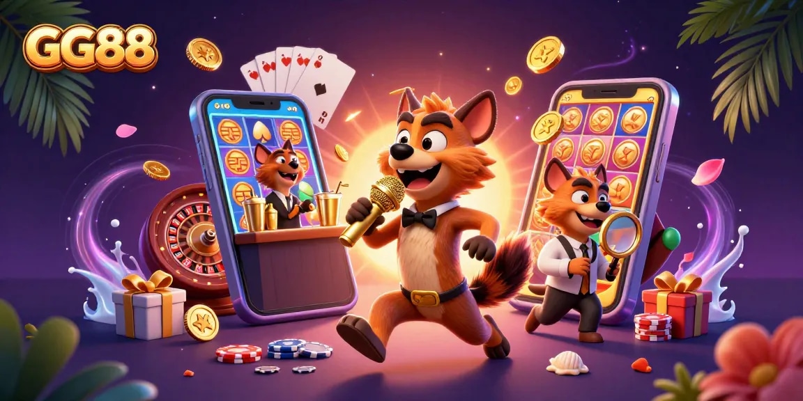 Experience the excitement of GG88's comedy casino with lively hyenas, gaming thrills, and vibrant elements.