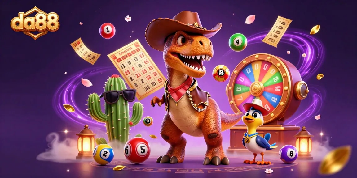 Win big with da88 in this vibrant 3D casino scene featuring colorful lottery elements and dynamic characters.