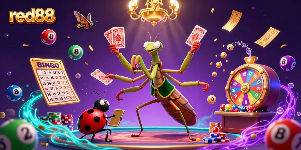 Experience the excitement of red88 in a vibrant casino scene with a mantis dealer and dynamic lottery elements.