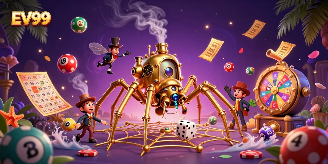 Engage with EV99's captivating online casino scene featuring vibrant lottery balls and a steampunk spider.