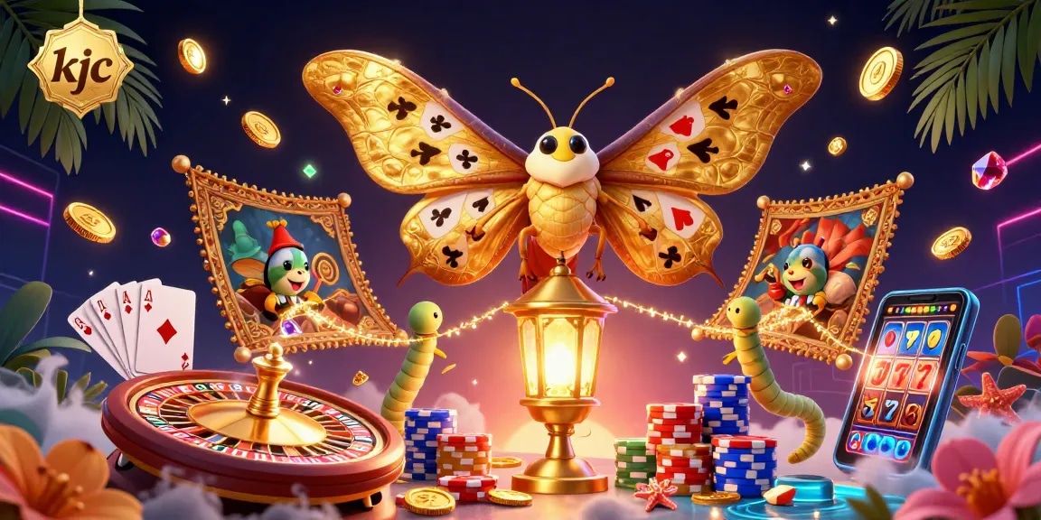 KJC engages players with a stunning 3D illustration featuring an atlas moth and casino elements.