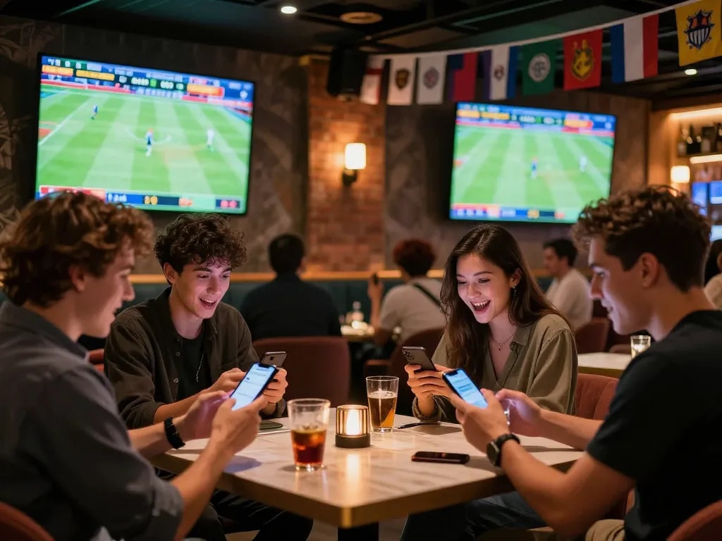 Friends engaging in sports betting at 78WIN, showcasing excitement and strategy.