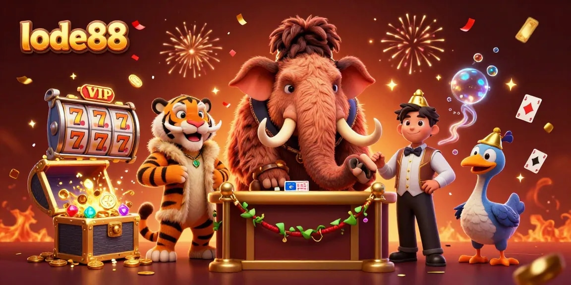 Engage in the vibrant lode88 casino scene featuring a woolly mammoth bouncer and VIP guests.